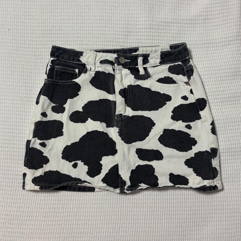 Cow Print Denim Mini Skirt